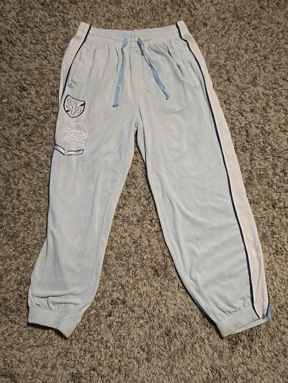 South Pole Light Blue Velour Joggers with White Side Panels